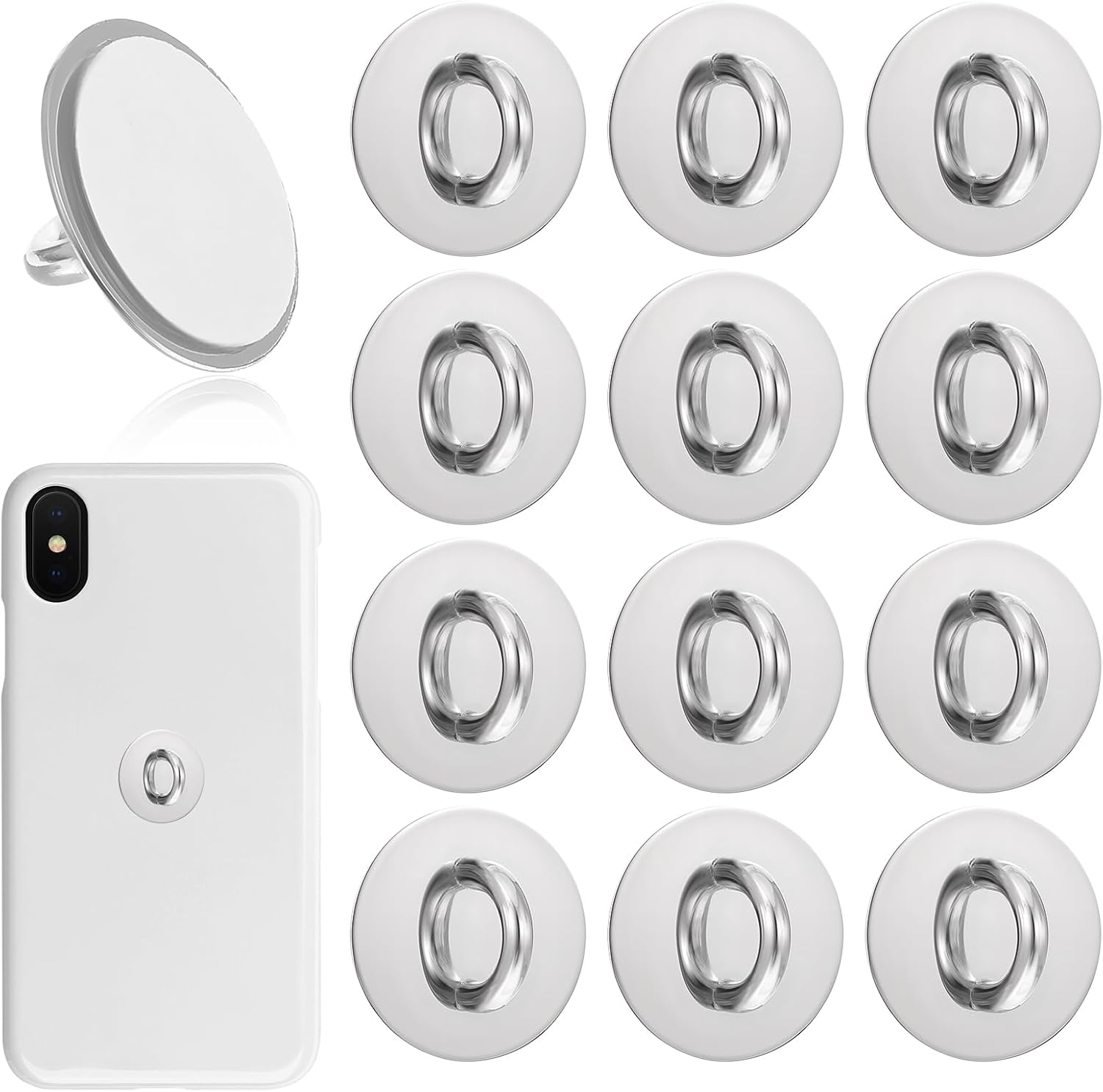 12 PCS Phone Charm Hook, Silver Metal Finger Ring Stand Adhesive Round Phone Finger Grip Holder Cute Universal Phone Grip Loop for Mobile Phone Case Pad Tablet DIY Accessories