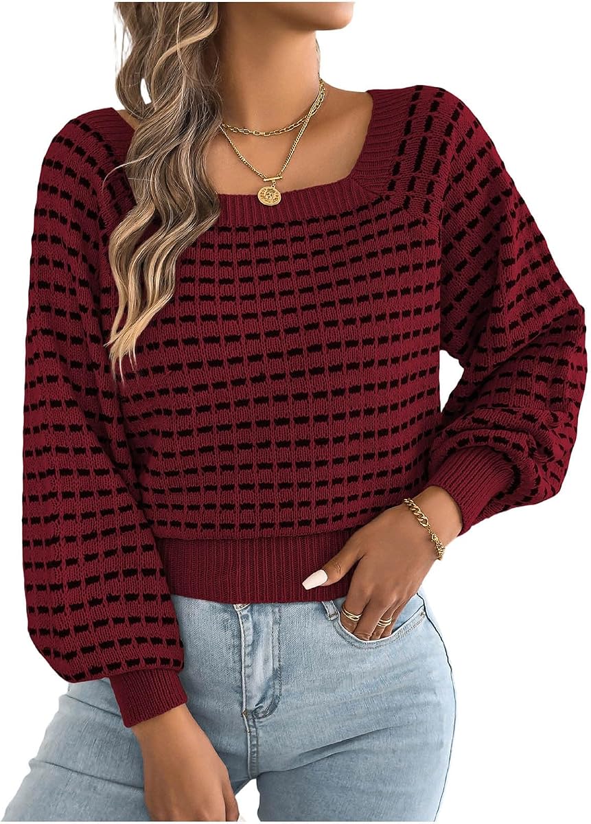 Lmdudan Women's Striped Sweater Square Neck Balloon Sleeve Knit Pullover