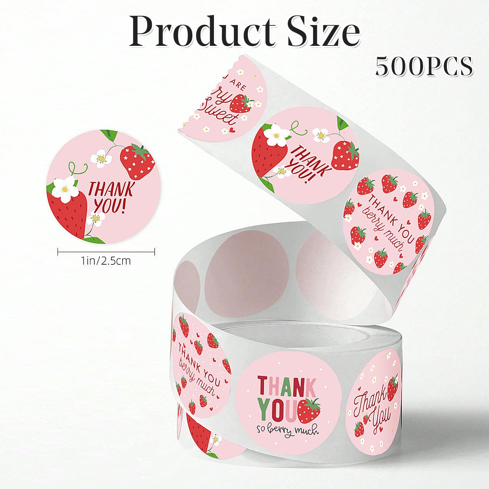 1 Roll 500 Pcs Red Strawberry Pink Thank You Stickers - Image 2