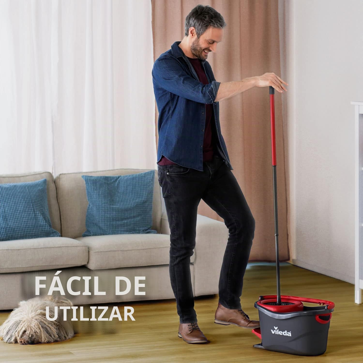 Vileda Easy Wring & Clean Turbo Set, cubo de fregona con pedal en gris, fregona giratoria de microfibra 2 en 1, mango telescópico 85-123 cm
