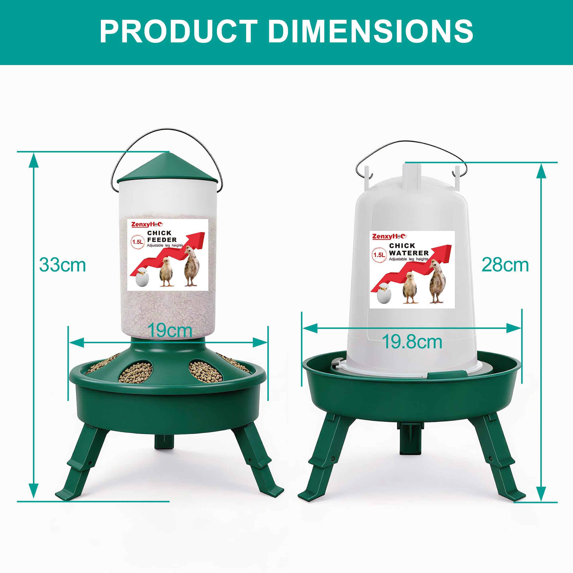 ZenxyHoC Juego de comida y bebedero para pollitos con comedero de 1,5 l y bebedero de 1,5 l para rellenar la parte superior, pala y 3 patas regulables en altura, color verde