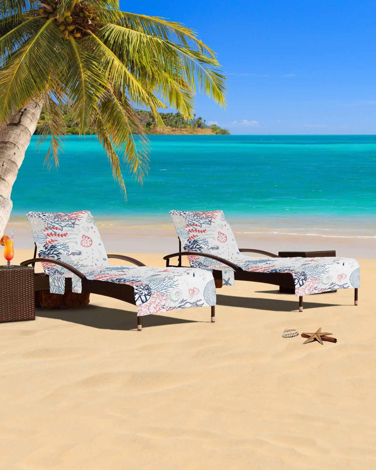 Coastal Turtle Coral Beach Chair Cover with Side Pockets, Microfiber & Quick Dry Pool Chaise Lounge Chair Towels Covers for Sun Sunbathing Patio Garden Hotel, Seaweed Starfish Jellyfish Red Blue White