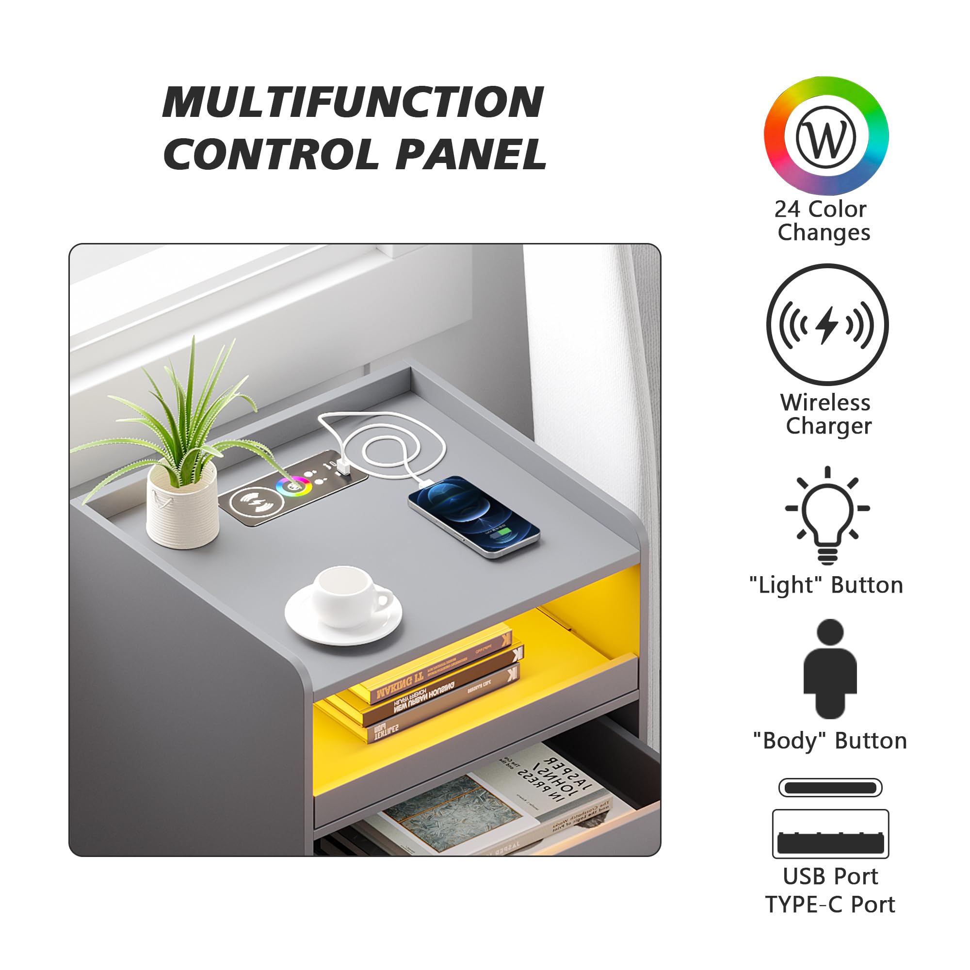 Gurexl LED 2 pezzi comodino con stazione di ricarica，cassettiera camera con sensore del corpo umano e 24 RGB leggero ，comodini moderni da letto legno da letto con 3 cassetti per Camera，Grigio