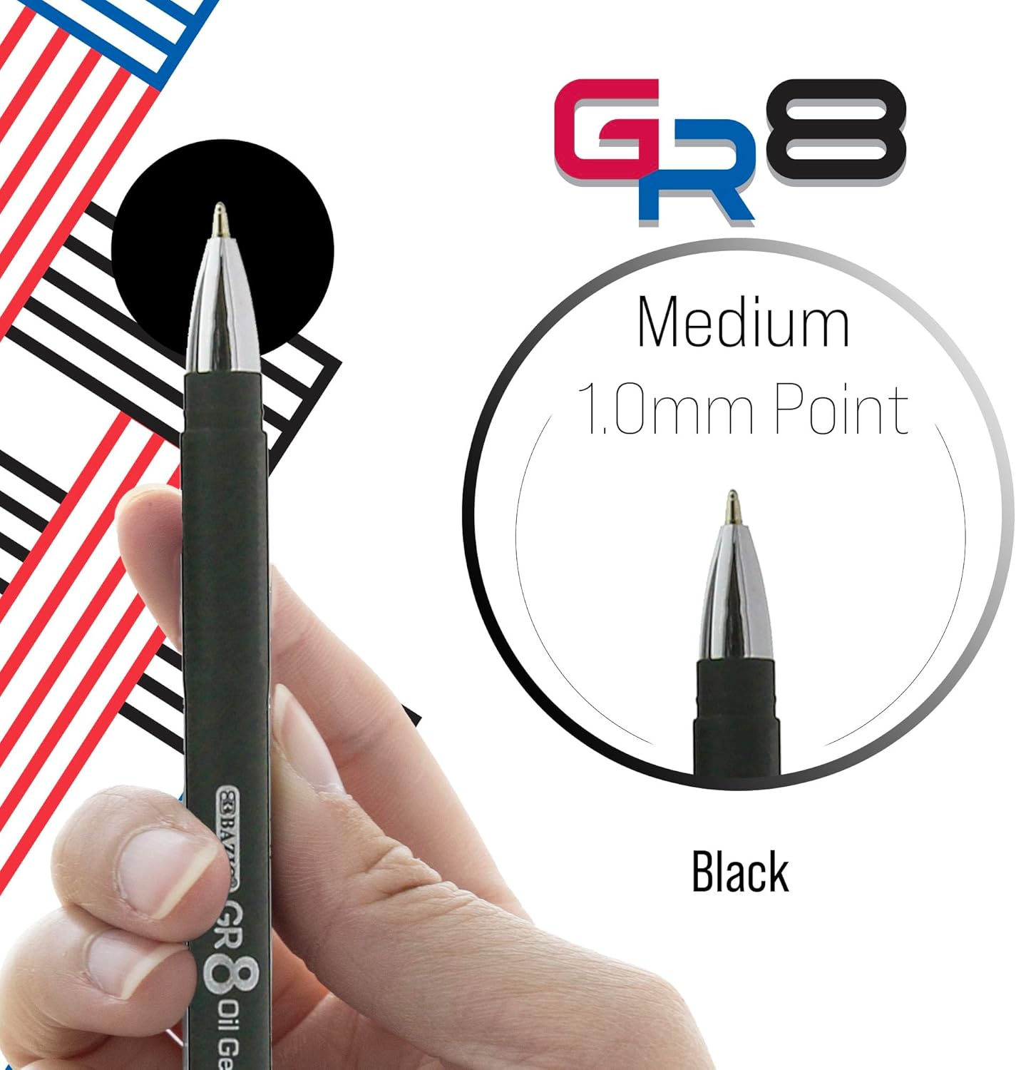 BAZIC Products Oil Gel Fuse Tech Ink Pen, GR8 Black Color w/Rubberized Barrel, 0.7 mm Medium Point Smooth Writing, for Office School (3/Pack), 24-Pack