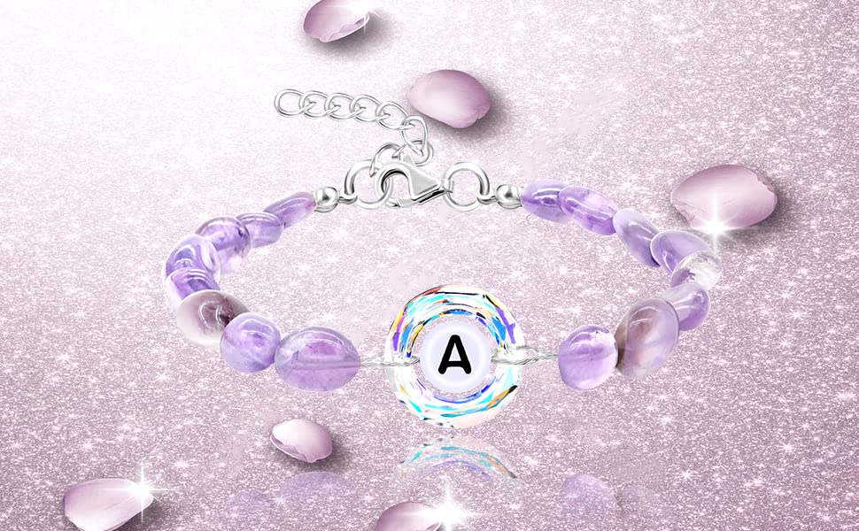 Image of Uloveido Purple Natural Stone and Austrian Crystal Letter Bracelet, Personalized Initial Jewelry for Women A-Z 26 Letters