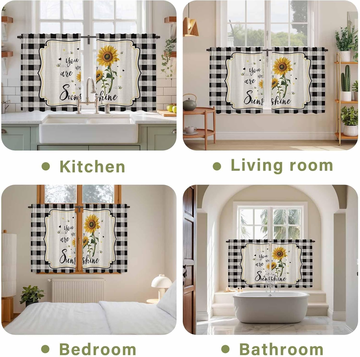 Sunflowers Kitchen Curtains, Yellow Floral Botanical Black White Checkered Rustic Light Filtering Window Curtain, 2Pcs Rod Pocket Window Treatments Set for RV Dining Room Study Room 42x45 Inches