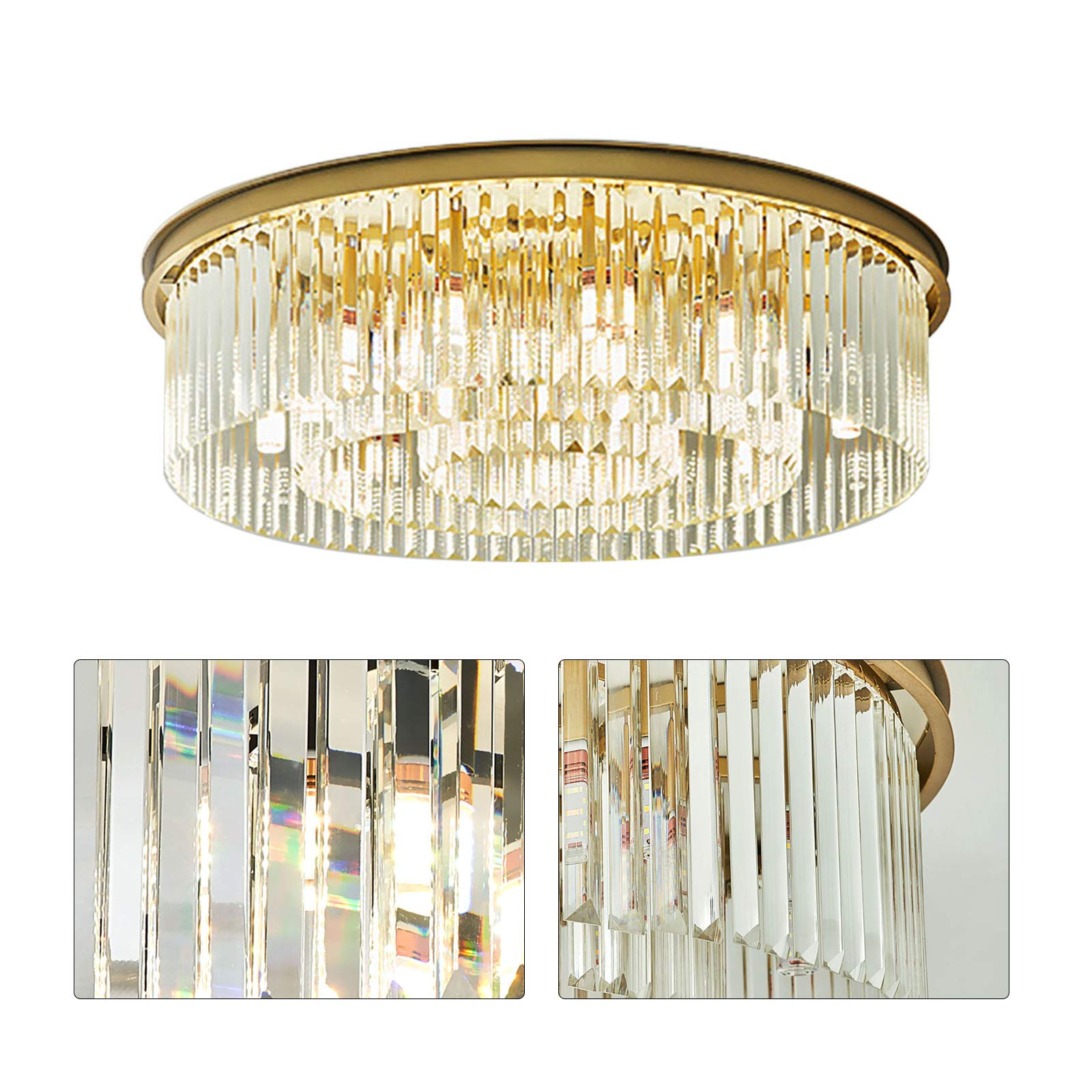 Żyrandol kryształowy o średnicy 60 cm, złoty kryształowy żyrandol, okrągły i przezroczysty, do salonu, sypialni, lampa LED E14.