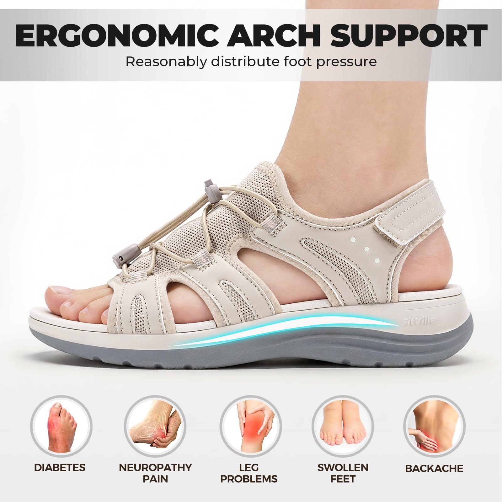 FitVille Sandalias Anchas para Mujer Verano Transpirables Cómodas con Sistema de Cordón Elástico y Correa Ajustable