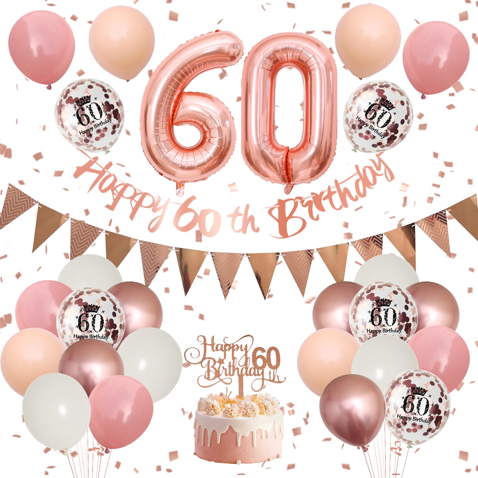 60th Birthday Decorations Retro Pink Rose Gold,60th Birthday Balloons,Happy 60th Birthday Banner with Cake Toppers Rose Gold Number 60 Balloons