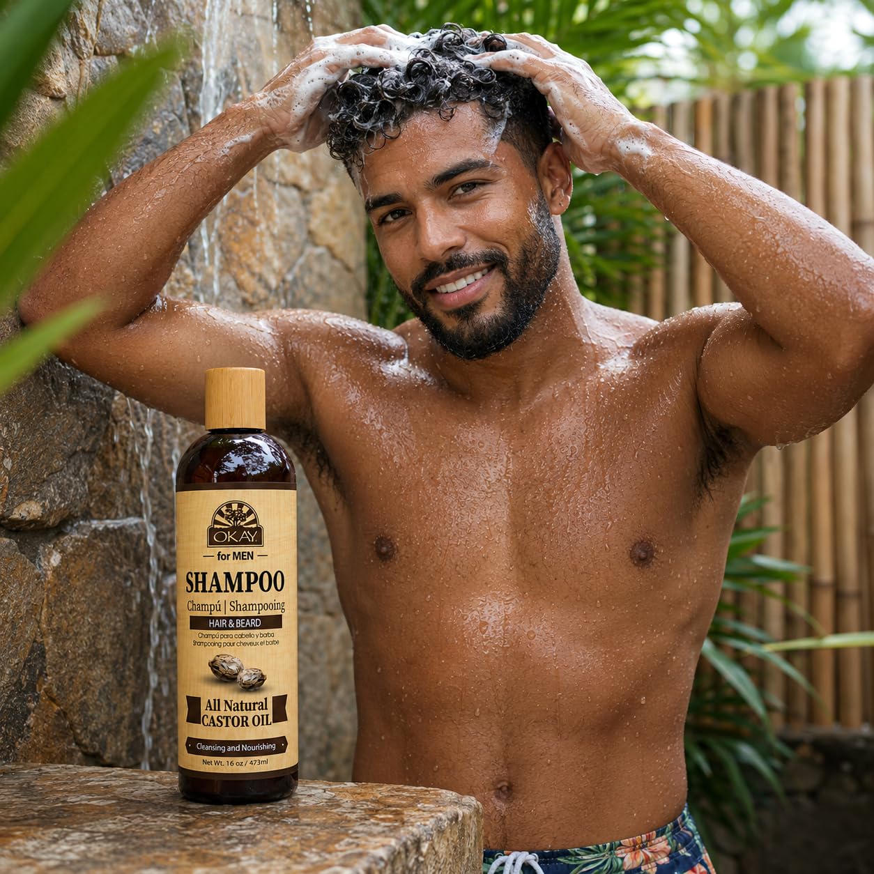 OKAY for MEN Castor Oil Hair & Beard Shampoo - Hydrating Shampoo for Healthy Hair & Beard Growth, Moisturizing Care, Strengthen & Restore Damage, Natural, Sulfate-Free - 16 Oz