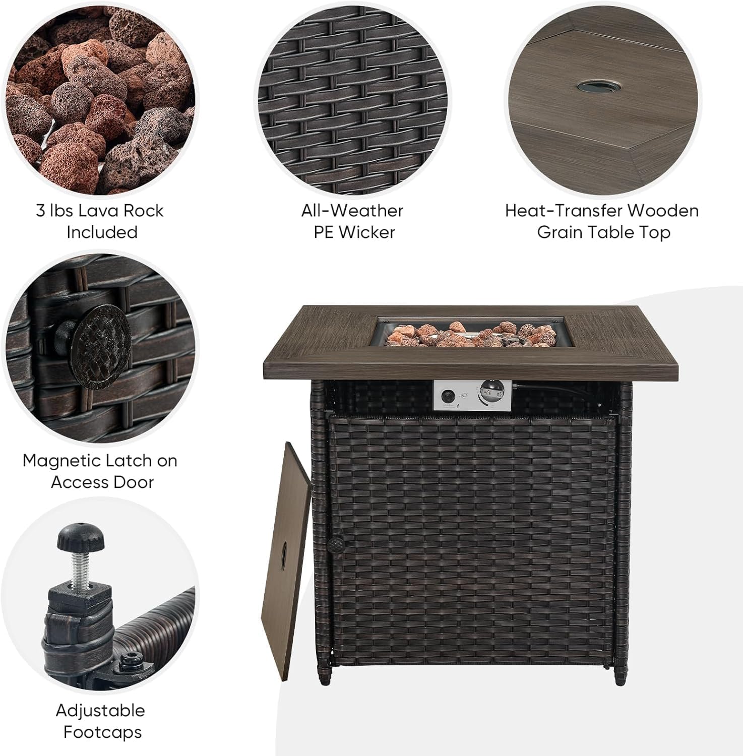 Belord 50000 BTU Propane Fire Pit Table, 30x30x26 Inches, Brown Wicker, Square, Modern Style, Steel, Powder Coated Finish