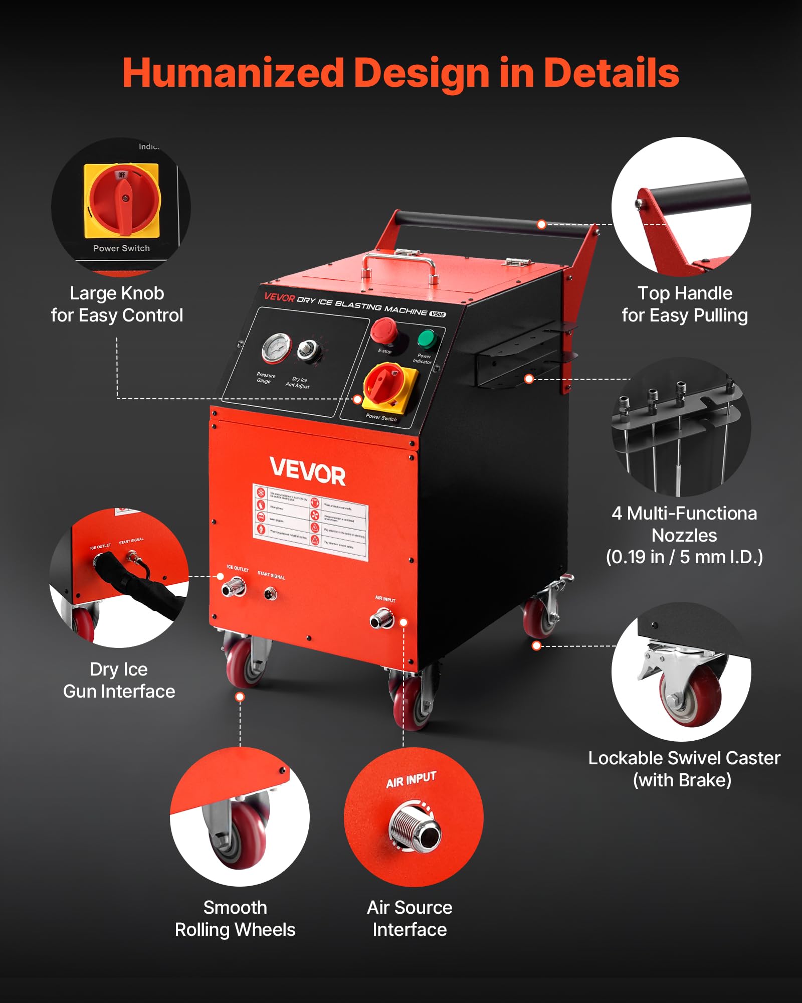 VEVOR Macchina per Pulizia con Ghiaccio Secco, capacità 5 kg con 4 Ugelli, Pulitrice a Ghiaccio Secco, Pressione Regolabili, per Auto, Navi, Aviazione, Prodotti Chimici, Sicuro e Senza Residui