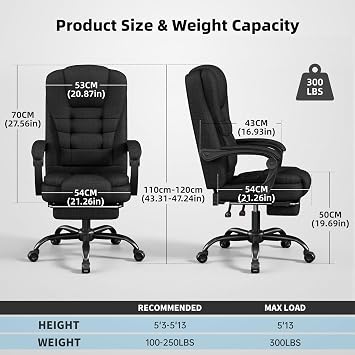 SITMOD Executive Office Chair with Footrest, Pocket Spring Fabric Desk Chair, High Back Thick Padding Computer Chair with Linkage Armrests, 90-150° Reclining Ergonomic Task Chair, Black
