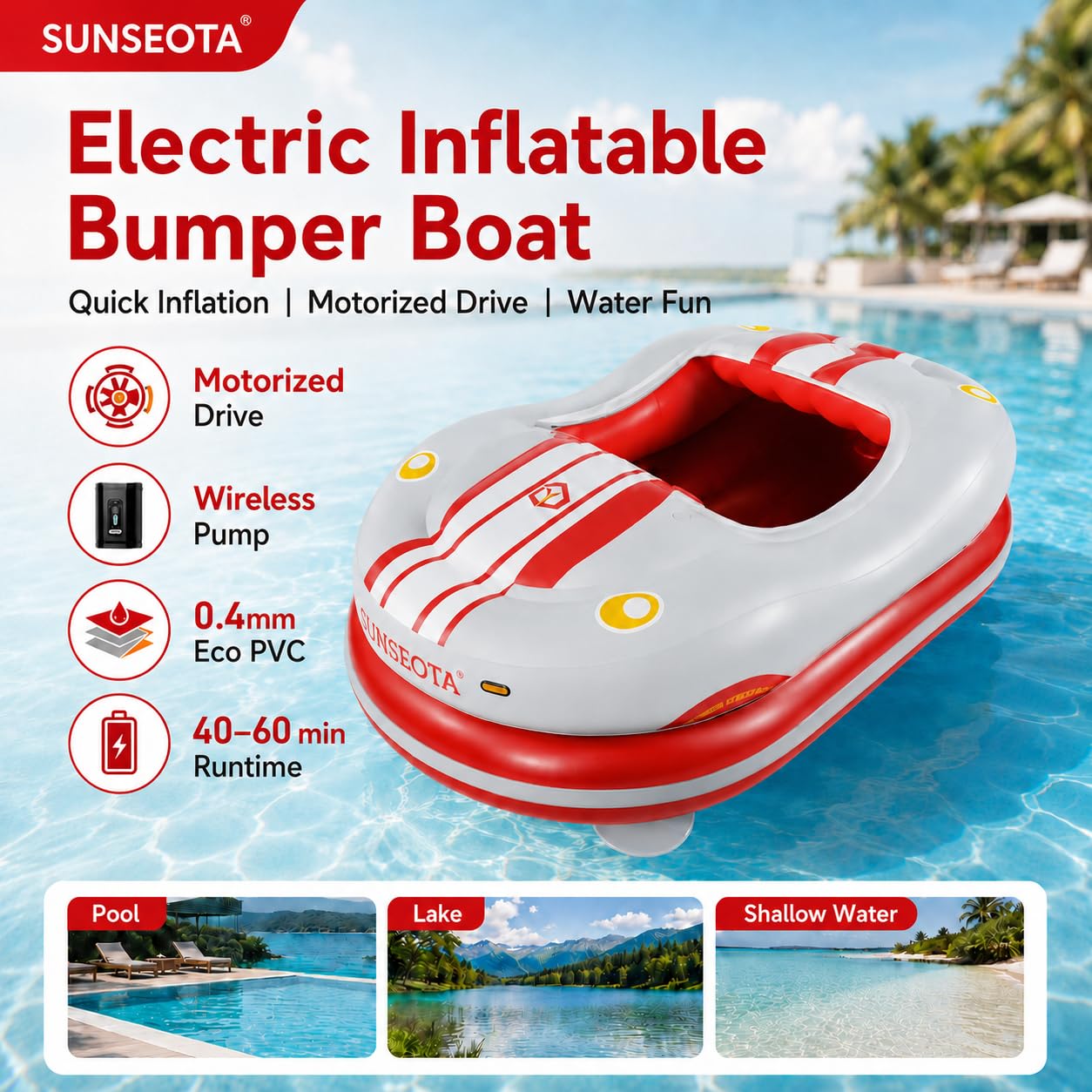 Lettino Galleggiante Motorizzato per Piscina, Poltrona Gonfiabile Elettrica con Joystick Multidirezionale, Batteria Ricaricabile da 2600 mAh e Pompa ad Aria Inclusa Red-1battery