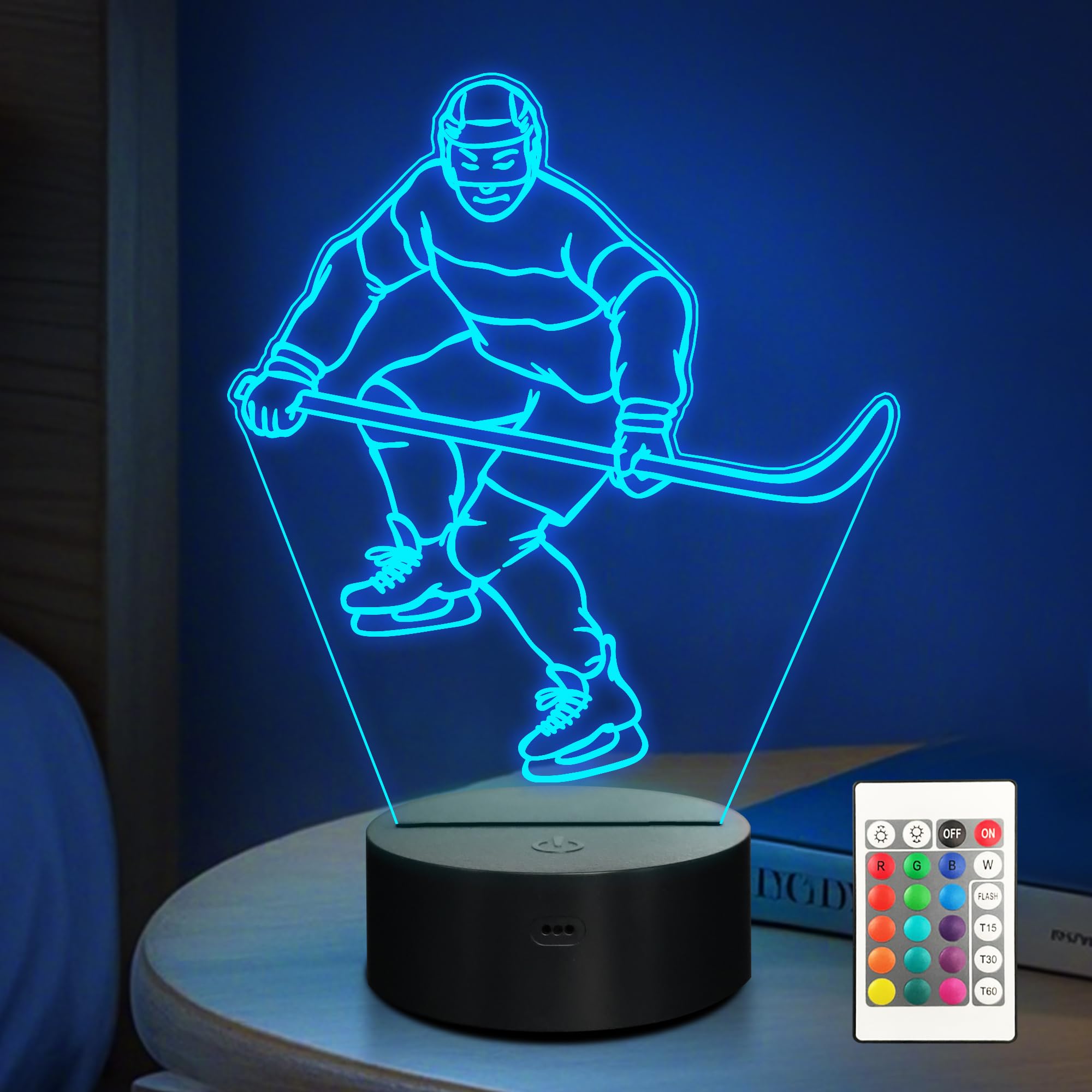 Ice Hockey Gifts,Boys Night Light,3D Ice Hockey Illusion Bedside NightLight Lamp with Remote & Timer for Kids Room Decor, Birthday Christmas Gifts for Boys Grils Child Men Hockeyer Hockey Fans