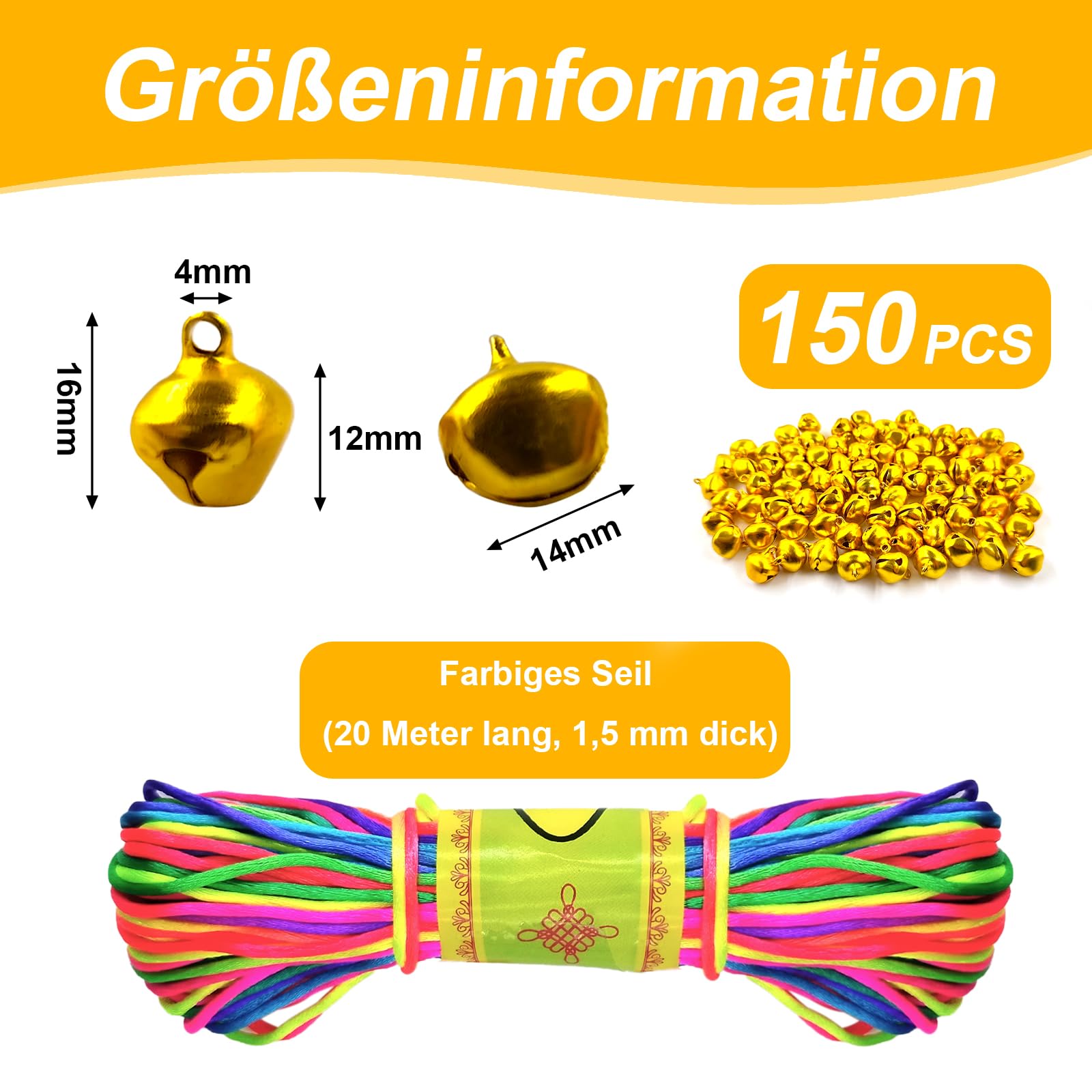150 stuks metalen klokjes, 14 mm klokjes met ogen, met 20m kleurrijk touw, knutselklokjes voor feestdecoraties, sieraden maken, hondenhalsbanden (goud