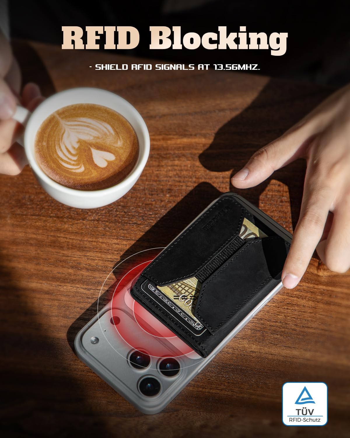 for Magsafe Wallet Stand Men: Magnetic Minimalist Phone Wallet for 5+ Cards&8 Cash - Full Grain Leather Strong Magnet Card Holder for iphone 16/15/14/13/12 Series, Not for 13/12 mini (Black)