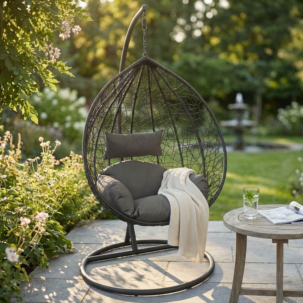 Milani Home - sedia sospesa da giardino in wicker e acciaio con cuscino, poltrona relax con struttura, nero