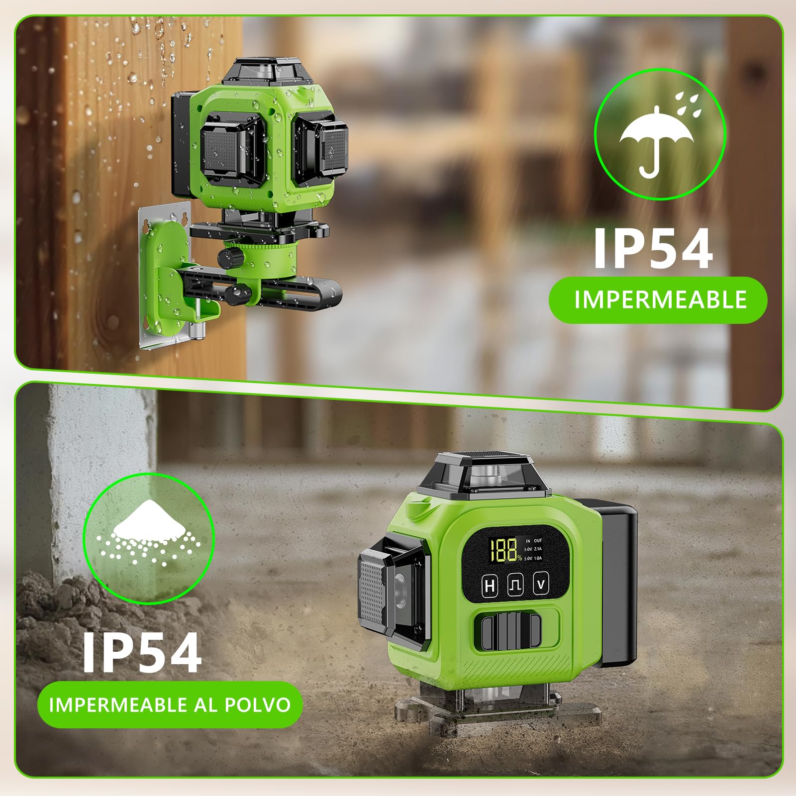 Nivel Laser Autonivelante 360 Grados, Nivel Láser Verde 16 Líneas, 2 x 360 Horizontal y 2 x 360 Verticales, 2 x Batería, Montaje en Pared, Control Remoto, Base Magnética, Soporte Giratorio, Trípode