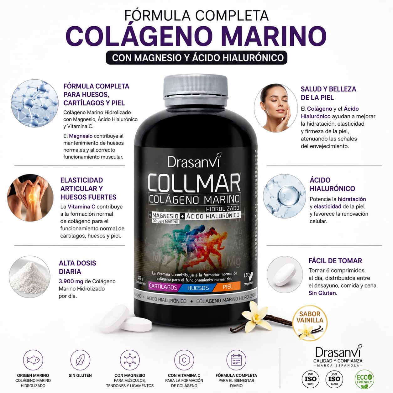 Pack 2 Colágeno Marino Hidrolizado con Magnesio y Ácido Hialurónico + Vitamina C | Soporte para Articulaciones, Huesos y Piel | 360 Comprimidos | Tratamiento 2 Meses | Collmar Drasanvi