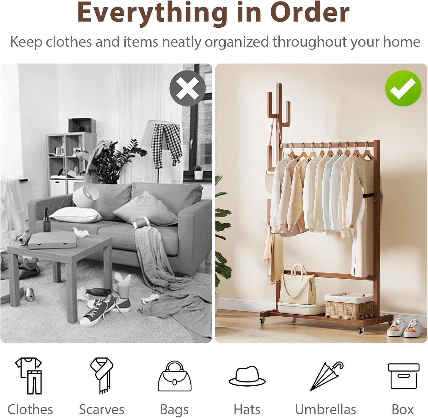 Solid Wood Clothing Rack, Rolling Clothes Racks for Hanging Clothes, Heavy Duty Garment Rack with Wheels, Hanging Rack with 6 Cactus Hooks and Storage Shelf, Easy Assembly, Walnut - Image 8