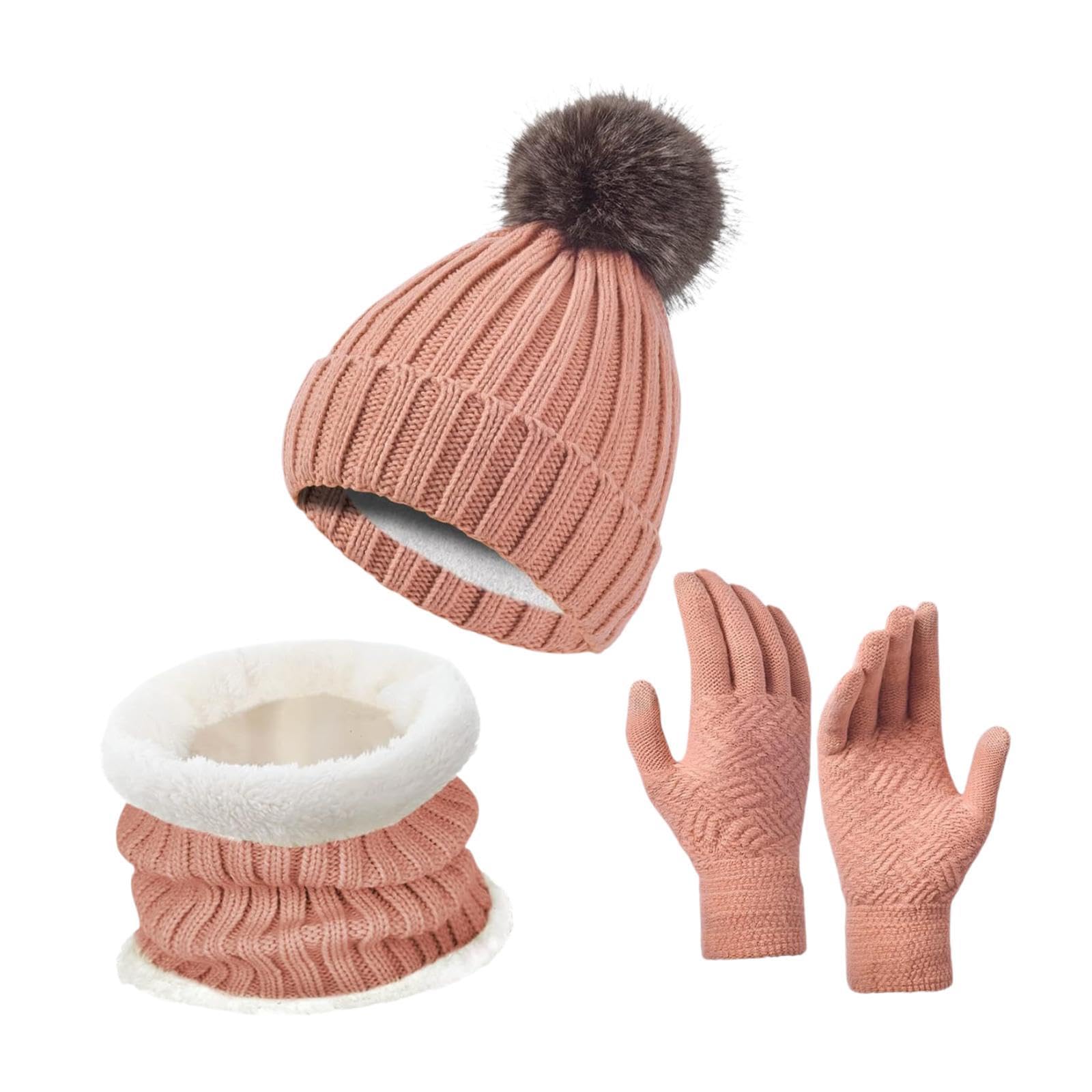 nivaa Winter Hat Scarf Gloves Set Winter Cap Neck Warmer for Running Skiing Hiking Pink-picture-6