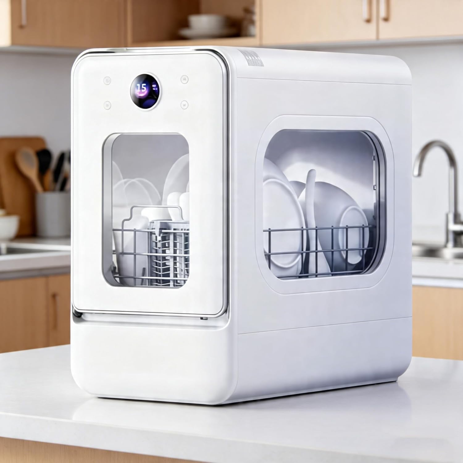 Countertop Dishwasher, Portable Dishwasher， 5 Program System for Home 6-Place Setting,96h Storage and Drying,Compact Dishwasher,Four-arm Washing Systemand 3 Sided Viewing Window