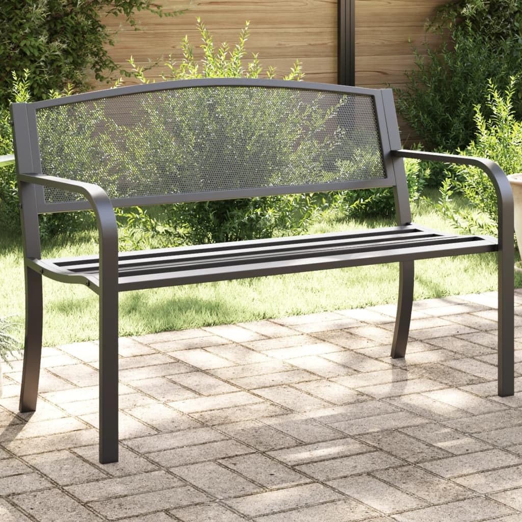 Czarna stalowa ławka ogrodowa 119 cm z perforowanym oparciem, wytrzymała ławka ogrodowa na patio i podwórko, nowoczesny design i trwały materiał z powłoką