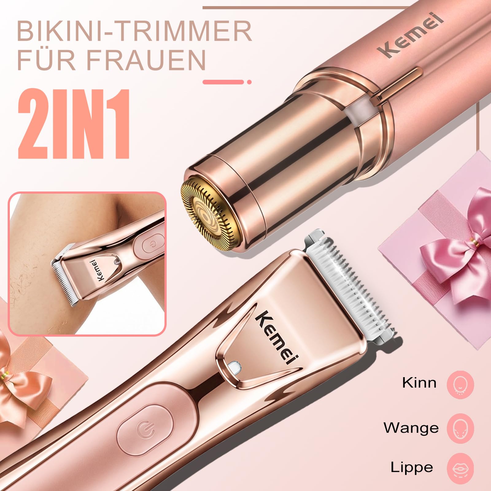 KEMEI 2-in-1 Elektrischer Damenrasierer & Trimmer, Kabelloser Haartrimmer Intimbereich, Keramikklinge & LED Licht, Sanfte Haarentfernung für Gesicht, Bikinizone, Achseln, Beine (Champagne)