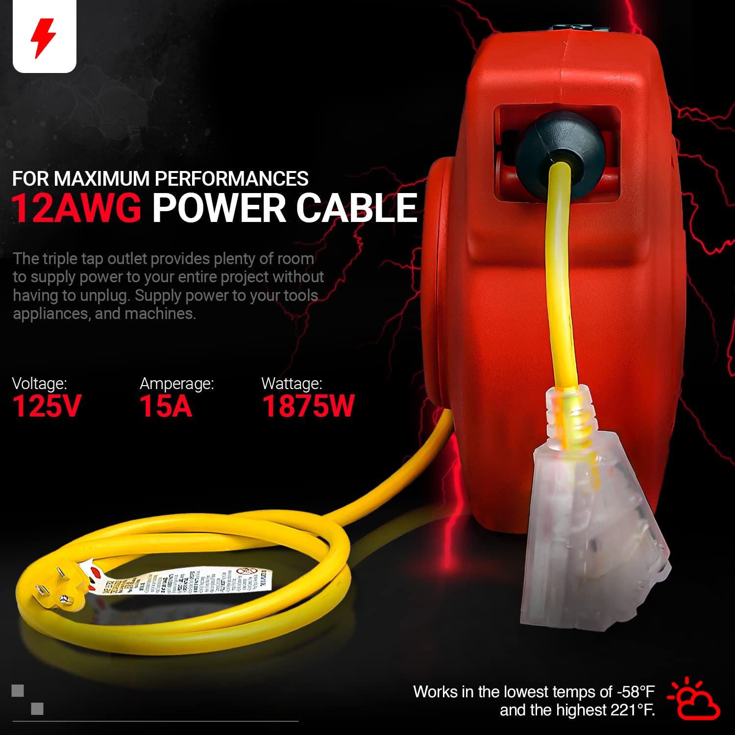 ReelWorks Extension Cord Reel Retractable Longest Industrial 12awg x 80