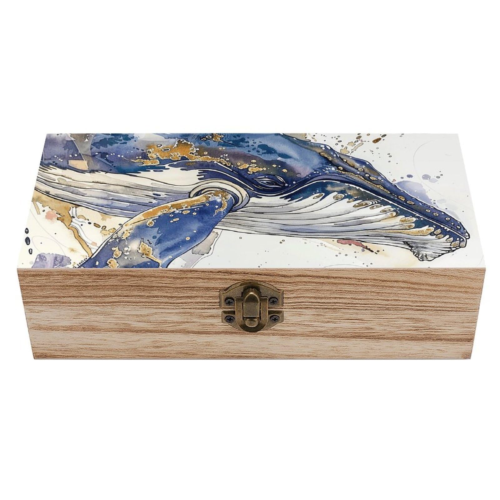 NONHAI Wooden Storage Box A Picture of A Whale Wood Gift Box with Hinged Lid Vintage Decorative Jewelry Boxes Memory Box for Jewelry Art Hobbies Home Storage Treasure Keepsake Gift 7.9''x3.9''x2.3''