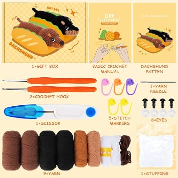 Crochet Kit for Beginners, Crochet Animal Kit Complete Dachshund Dog Crochet with Yarn Hooks Needles, Step-by-Step Video Learn to Crochet Starter Kit Animal Set Beginners Crochet Kit (Crochet dog)
