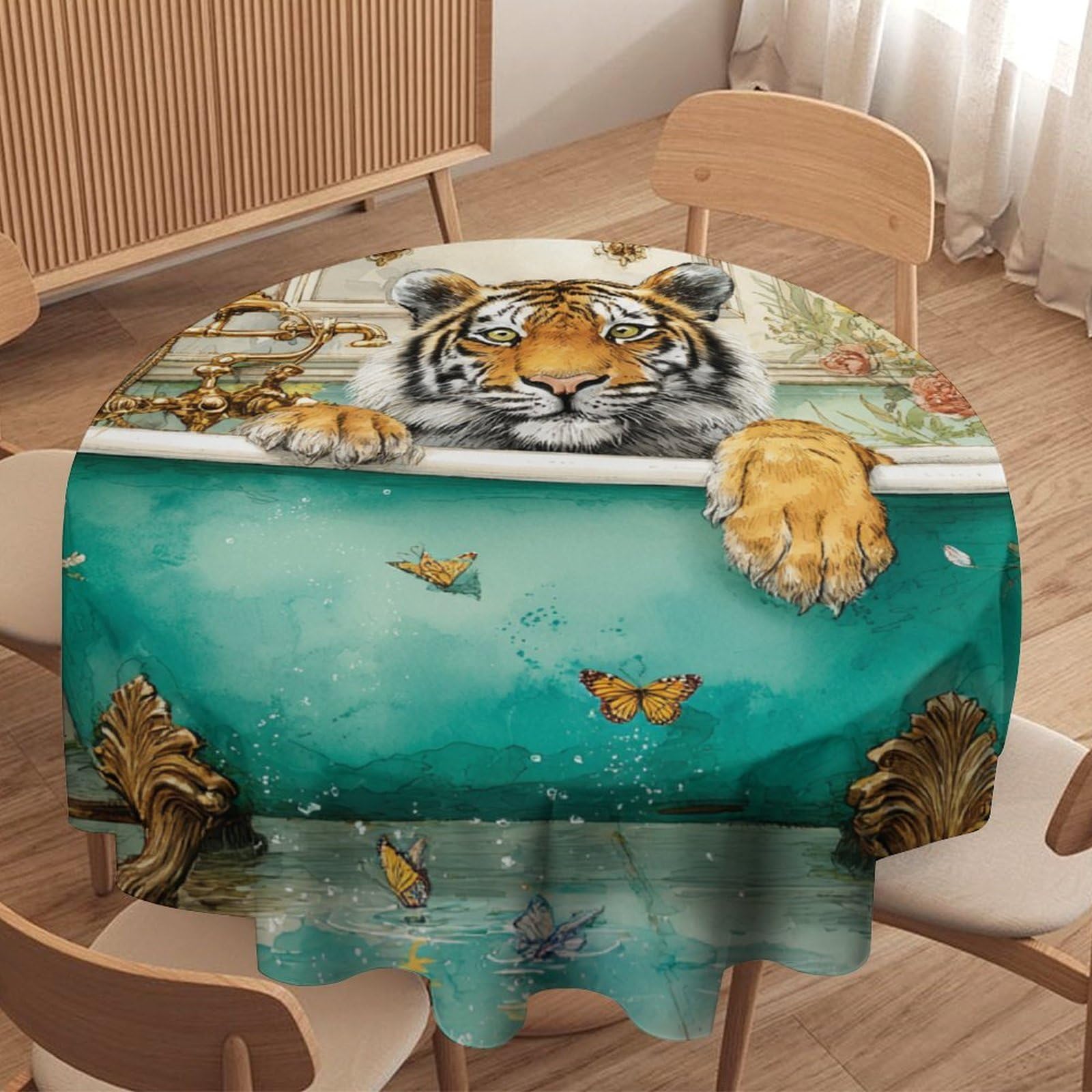LUYYSKY Vintage Realistic Tiger Waterproof Round Tablecloth Mid Century Realistic Bathroom Art Animals Tigers Butterflies Print Washable Table Cover for Kitchen-91.4" Wx91.4 L cm