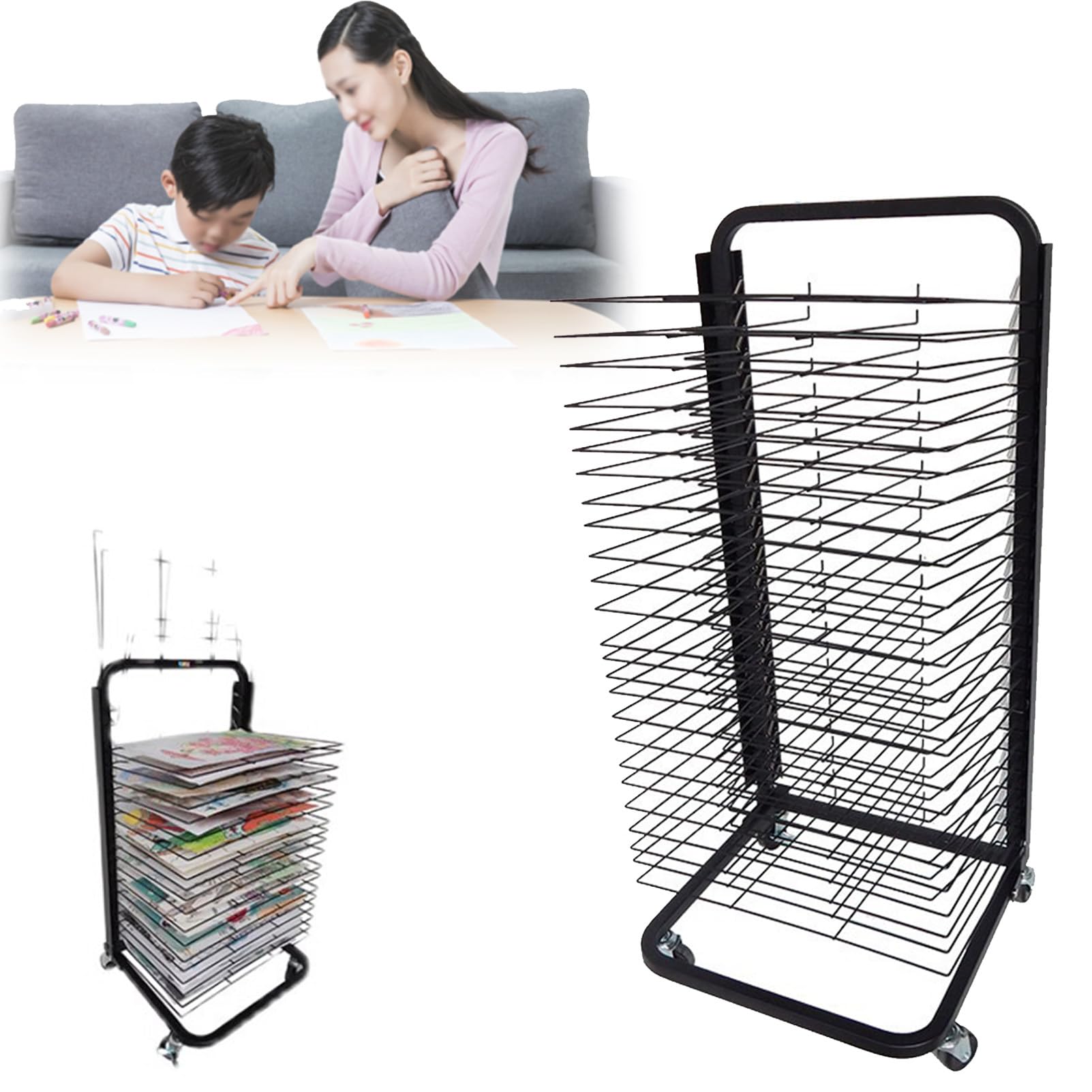 Chariot mobile à étagères pour stockage de toiles d'art et dessin