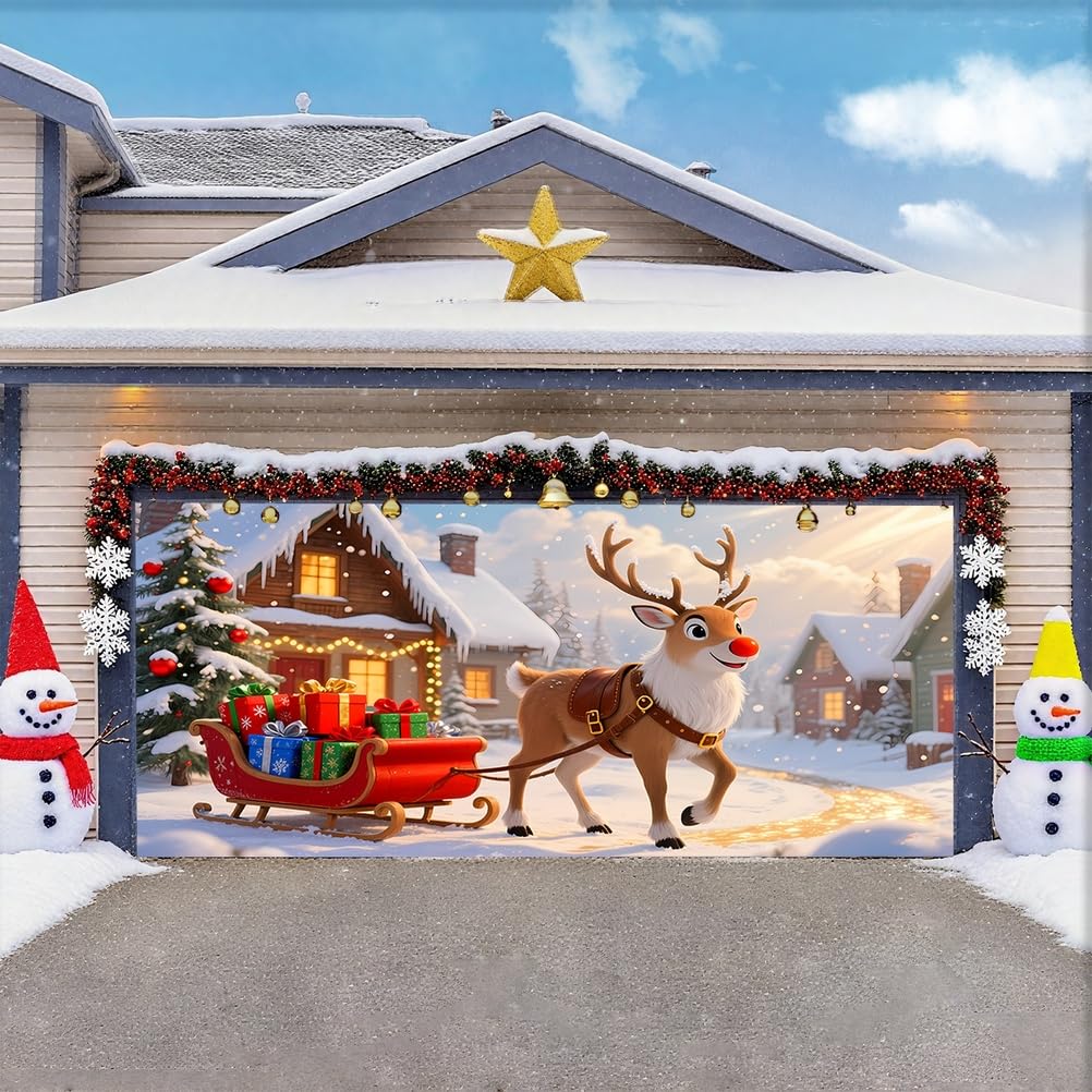 Zfflyh Reindeer Christmas Garage Door Cover Large Garage Door Banner Christmas Decoration Backdrop For Holiday Party Indoor Outdoor House Decoration,,8X7ft