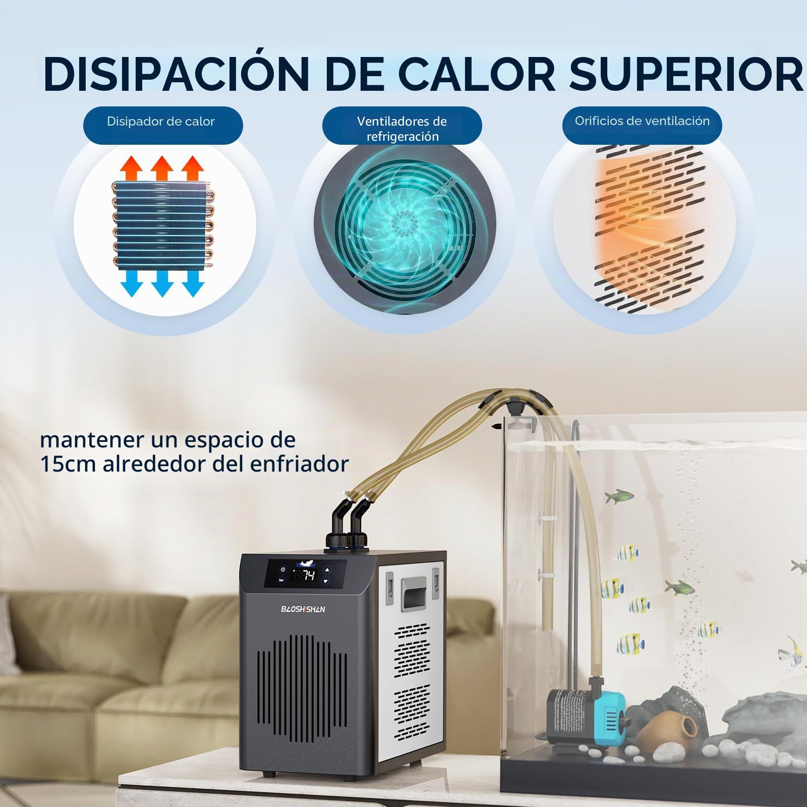 BAOSHISHAN Enfriador de agua para acuarios 20-26°C Enfriador de acuarios con pantalla táctil para pecera de 160 litros