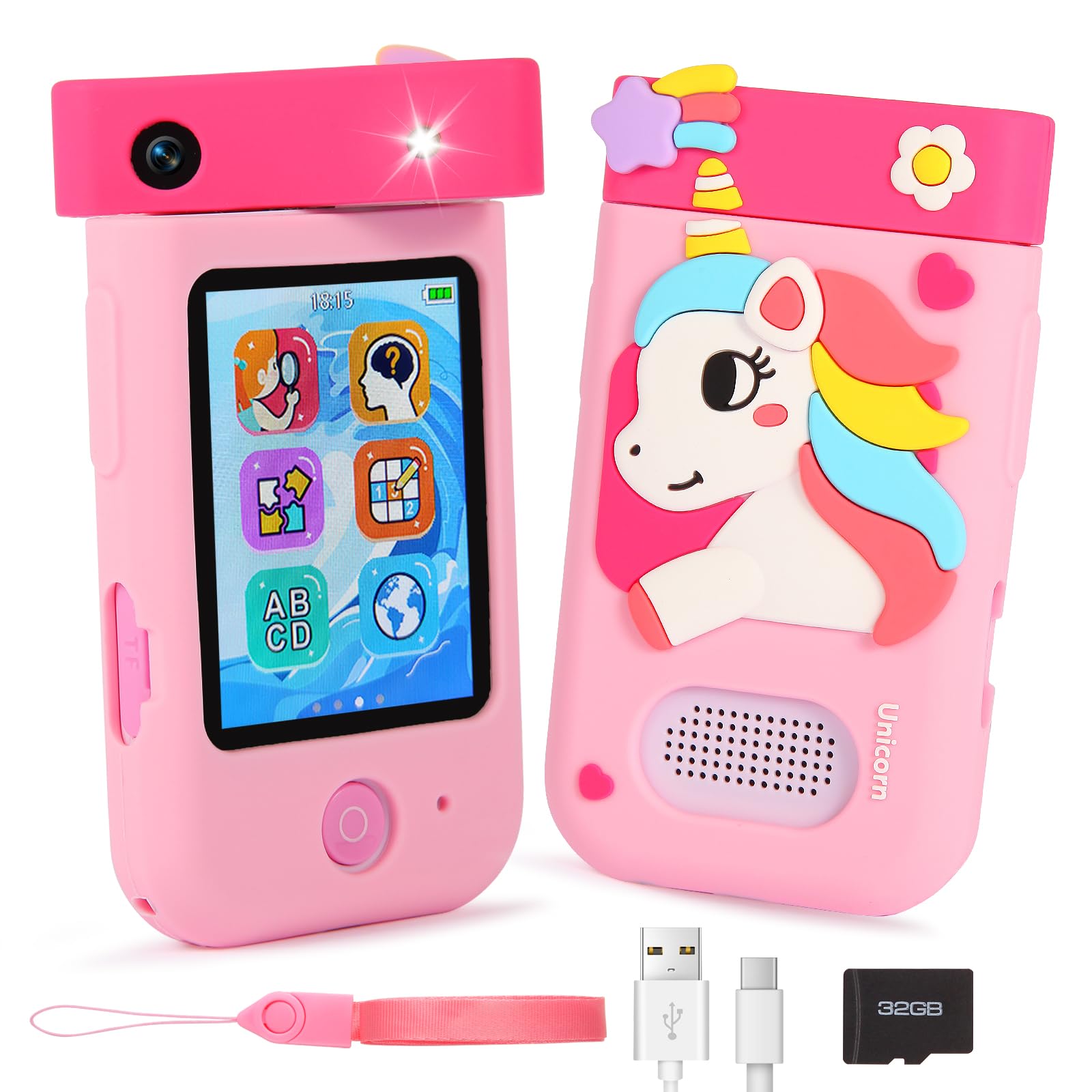 Telefono Per Bambini, ZUEOKAI Macchina Fotografica Bambini Touchscreen, 180° Obiettivo, Video 1080P con Custodia Silicone, Regali di Natale e Compleanno per Bambini, Regalo Bambina 3 4 5 6 7 8 Anni