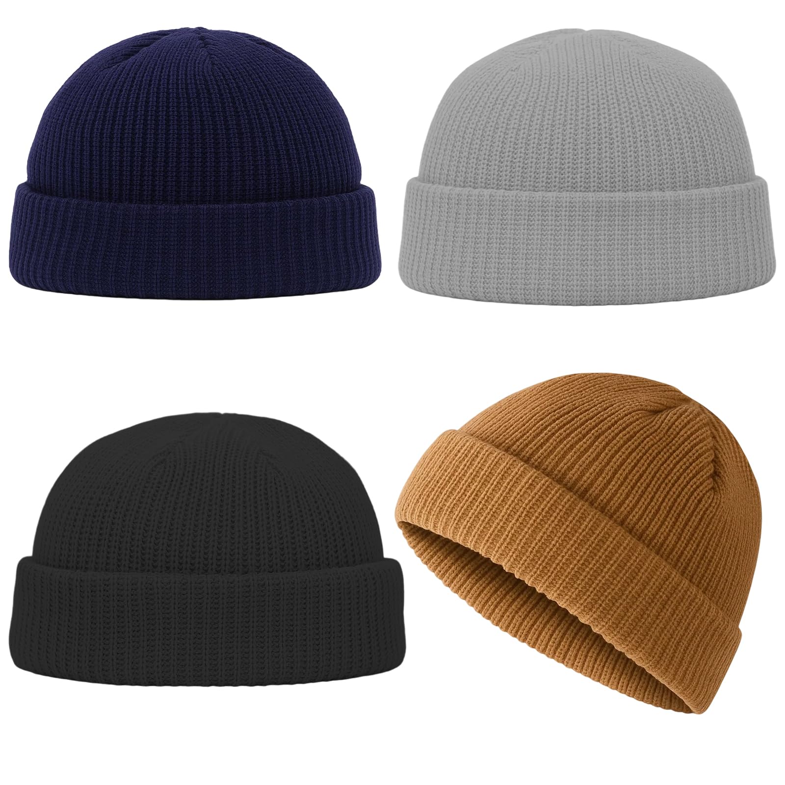 4 Pack Beanie Hat Men, Fisherman Beanie Wooly Hat for Men, Warm Winter Skull Cap, Stretchy Fit for Outdoor Activities, Casual Wear, Gift Options, Assorted Colors (Black, Navy, Khaki, Light Gray)