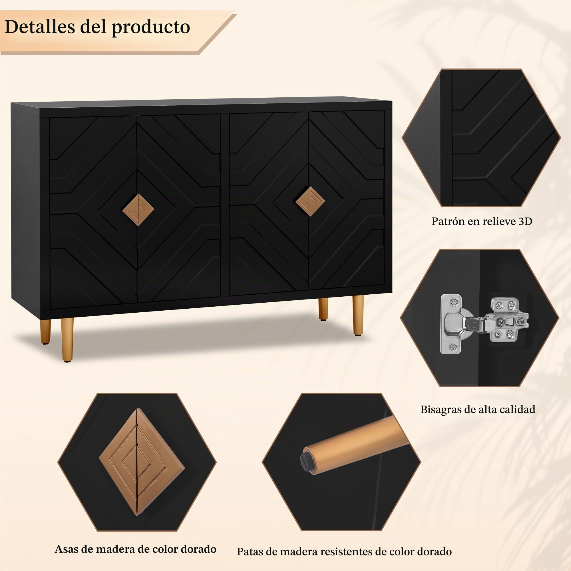 HOLTICO Cómoda de 4 puertas, armario de cocina, armario de almacenamiento, armario para salón, cocina, dormitorio, negro