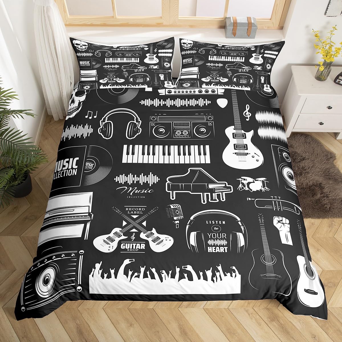 Homewish Bettwäscheset für E-Gitarre, Altes Vinyl-Schallplatten-Set, Vintage-Trompete, Kopfhörer, Bettbezug, Doppelbett, Jazz, Funk, Rockmusik, Bettwäsche-Sets, Hippie-Trommel-Set, Tagesdecke, Schwarz