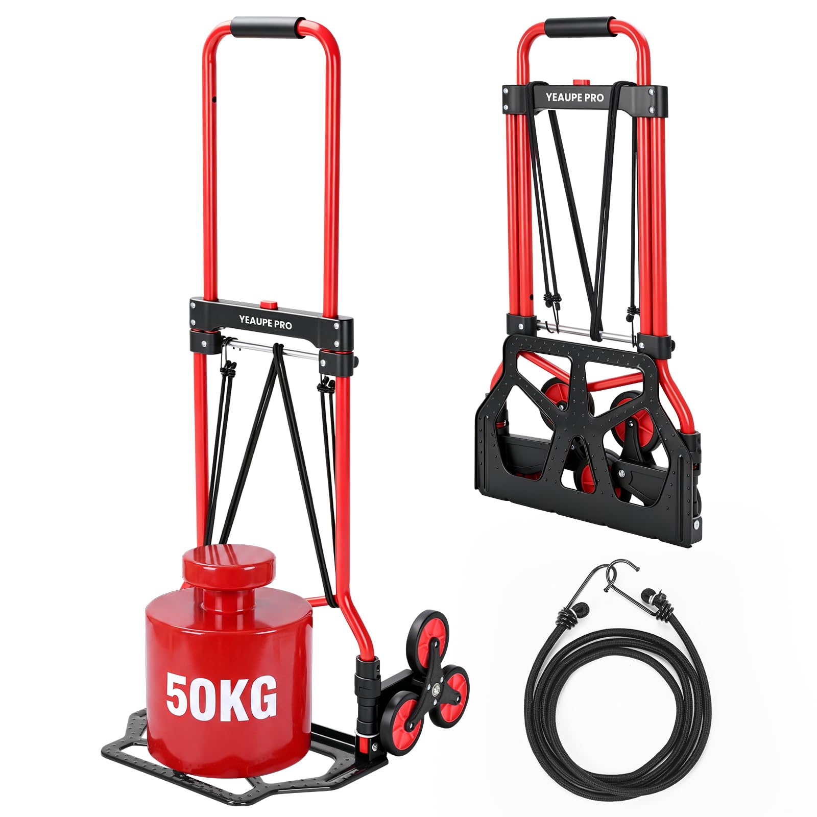 YEAUPE PRO Carretilla de Mano Plegable Escaleras 50 kg Rojo | Ruedas TPR grandes, mango telescópico regulable y 2 cuerdas incluidas para subir escaleras, mudanzas y transporte