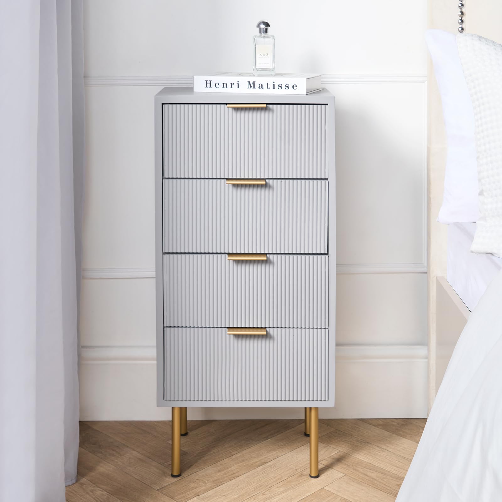 OHS Bedside Table 4 Drawer Ribbed, Decorative Wood Bedside Table Sleek Storage Modern Rib Bedside Tables for Bedroom Living Room Home - Grey, 78 x 36 x 24cm — image 1