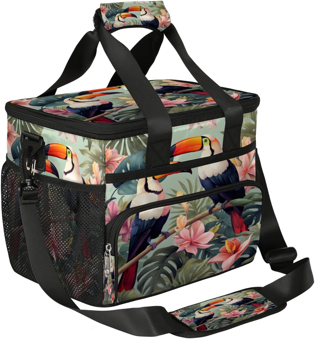 Palm Leaves Insulated Picnic Backpack Lunch Box for Women Men Picnic Basket Tote Lunch Bag Picnic Bag Portable Lunch Bags for Picnic, Beach, Work, Trip,Office, Camp Toucan Flowers