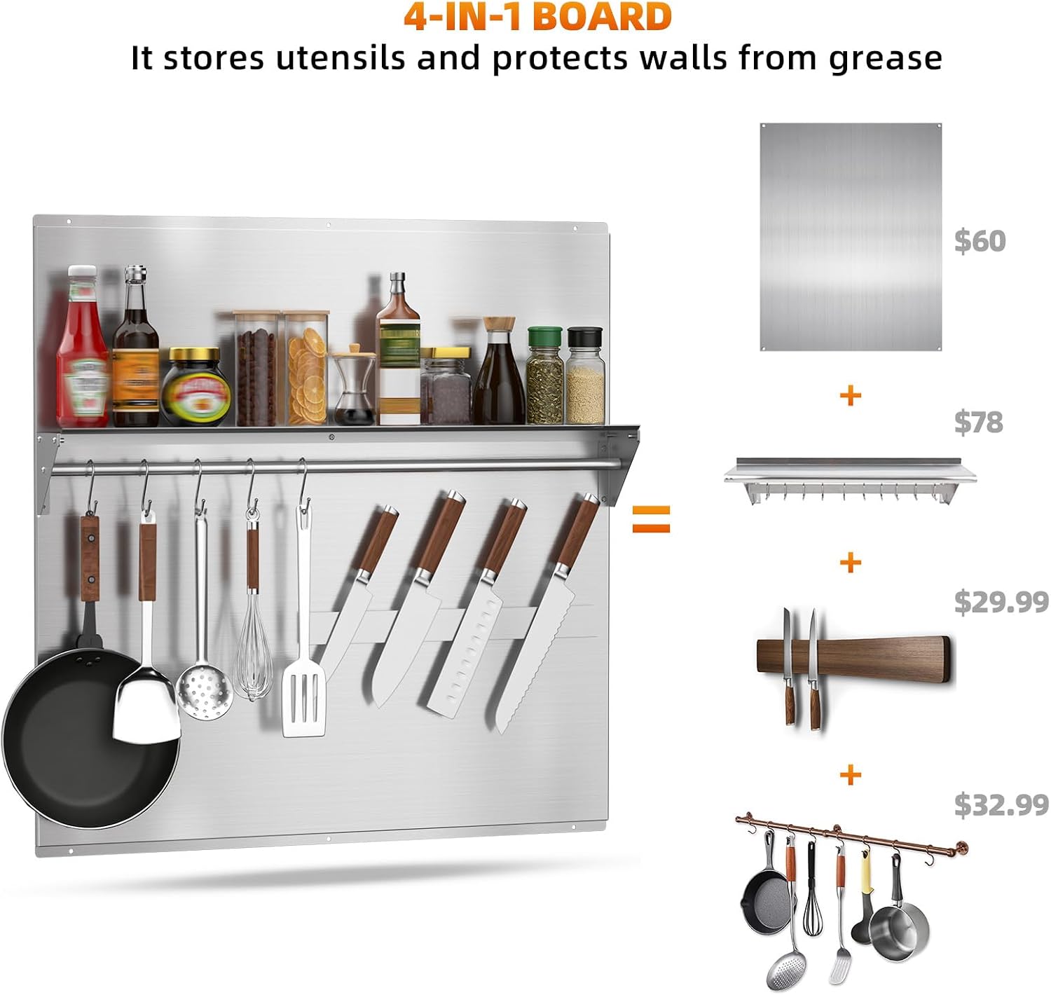 30"x30" Stainless Steel Range Backsplash, Stove Backsplash With Storage Shelf & Magnetic Knife Rack, Stainless Steel Backsplash For Stove, Range Hood Wall Shield With Pre-Drilled Holes