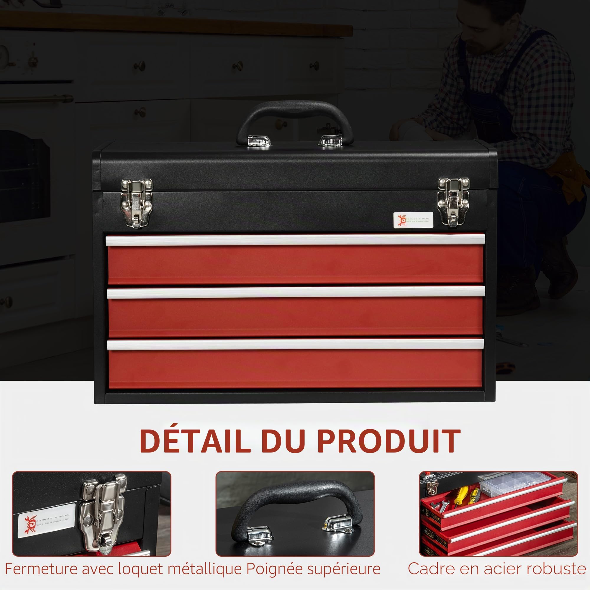 Mallette à outils DURHAND vide, 51 x 22 x 32 cm Boîte à outils avec 3 tiroirs, compartiment de rangement supérieur, poignée, caisse à outils avec 2 serrures, en acier, noir+rouge