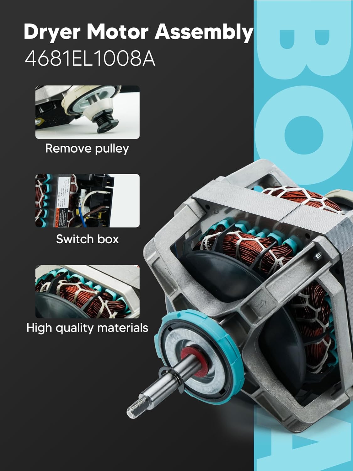 4681EL1008A Dryer Motor Assembly, Fit for L-G Dryer Motor DLE5977S, 4681EL1002A, 4681EL1008B, 4681EL1008H, Ken-More Dryer 79661623310, 79661412410 Series Etc, by BOGDA