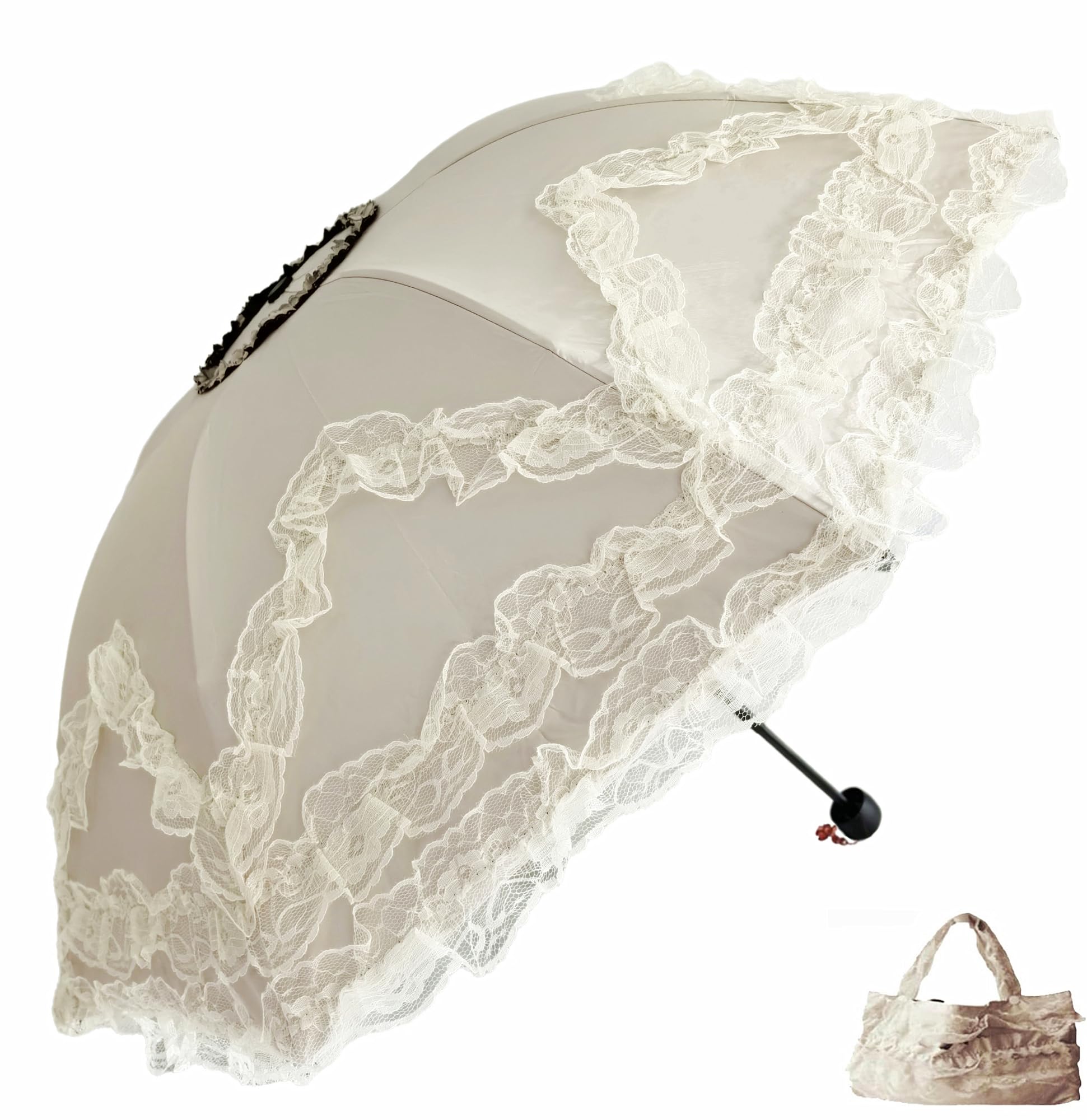 Vintage Lace Parasol Gothic Lolita Umbrella UV Sun Protection Witch Cosplay Photoshoot Props Party Decoration, Beige1, Medium
