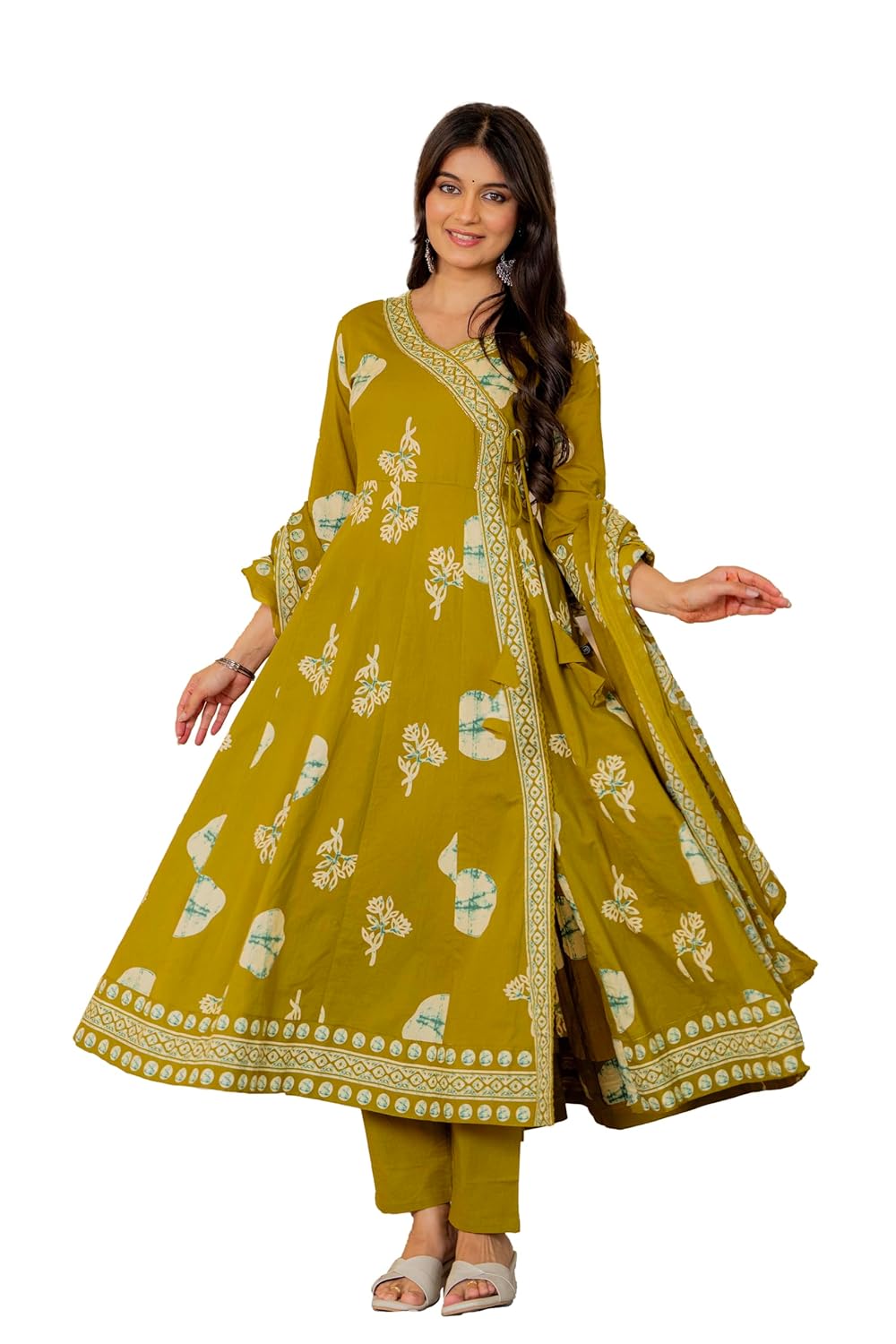 Pistaa’s Women’s Pure Cotton Anarkali Handblock Print Kurta with Dupatta & Pant Set