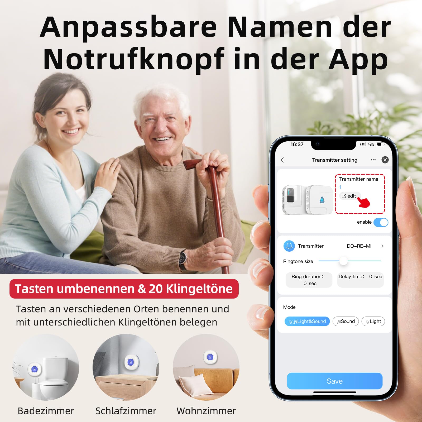 CallToU Botón de emergencia para personas mayores en teléfono móvil, llamada de emergencia para familiares | Notificación de aplicaciones, control de teléfono móvil, varias personas compartidas, pulsera de nailon, sistema ampliable