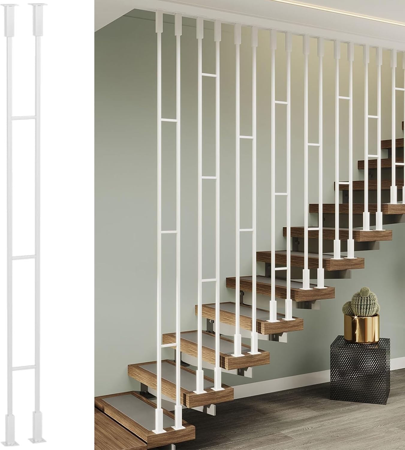SAFWELAU Banister Rails Modern Stair Railing System - Metal Balusters with Square Columns for Indoor & Attic Use, Ceiling/Floor Mount Handrail Posts, Hardware Included(White(1 Pc),H-135cm(4.4ft))